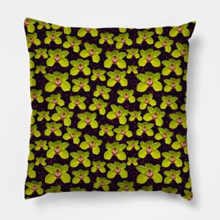 Green Orchid Pattern on Black Background with Red Watercolor Splatter Pillow