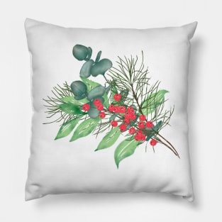 Cute Watercolor Winter Green Foliage red berries Pillow