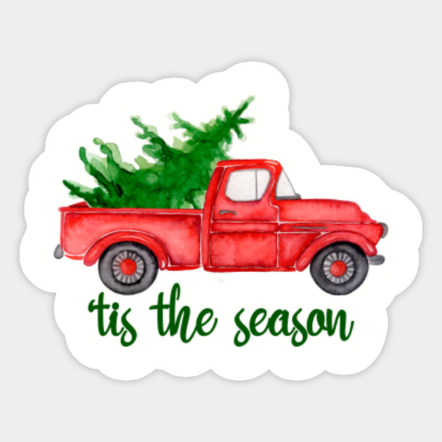 Tis The Season Watercolor Retro Red Truck With Christmas Tree