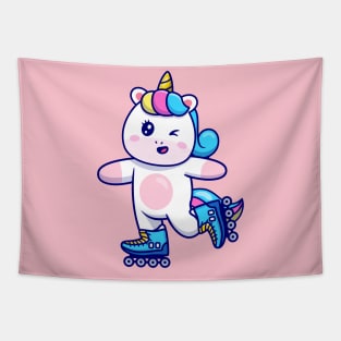 Cute Unicorn Playing Roller Skate Cartoon Tapestry