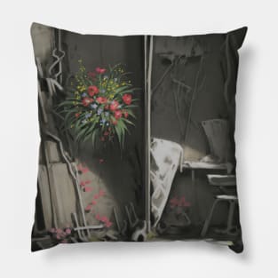 Dreamy Abandoned Art Studio with Flowers Pillow