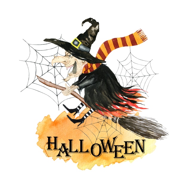 Halloween, watercolor witch, spider web by Simple Wishes Art