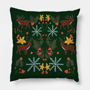 Christmas Reindeer and Holly Pillow