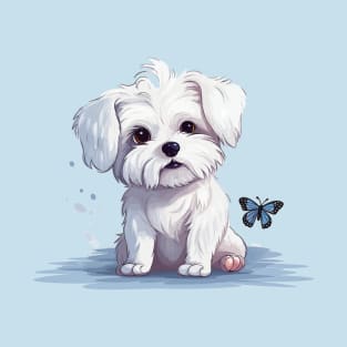 Playful Encounter: Maltese Frolicking with a Butterfly T-Shirt