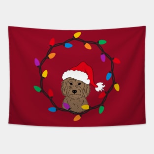 Goldendoodle with Santa Hat and Christmas Lights Tapestry