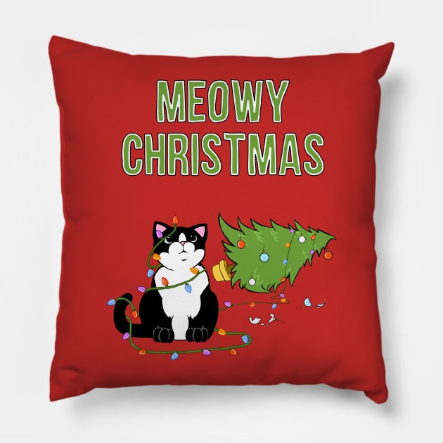 Meowy Christmas Tuxedo Cat Knocked Over Tree Pillow by xenotransplant