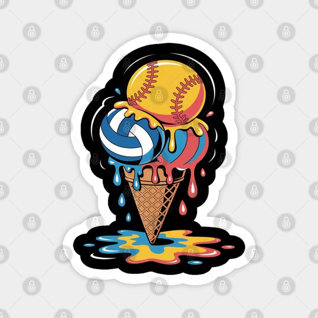 Softball Volleyball Ice Cream Drip Colorful Summer Game Day Magnet by Ink Lines