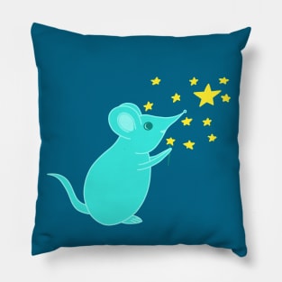 Cute Blue Mouse Making Magic and Stars Pillow