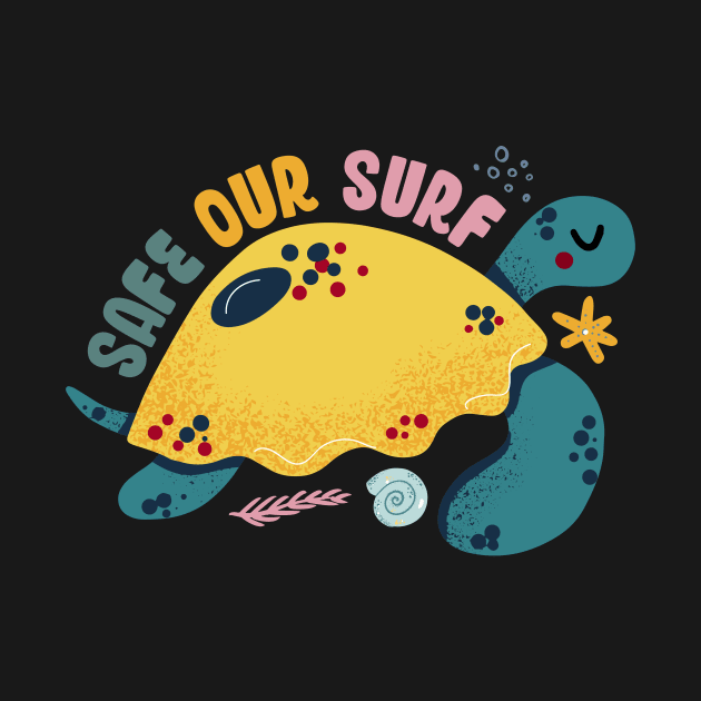 Safe our Surf quote with cute sea animal turtle, starfish, coral and shell aesthetic pastel color illustration. by jodotodesign