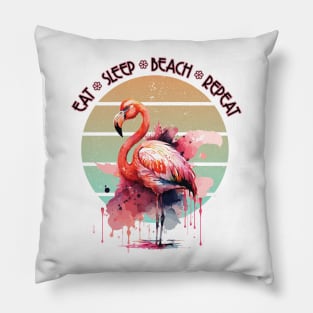 Eat Sleep Beach Repeat Pink Flamingo Retro Sunset Watercolor Art Pillow