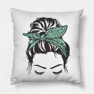 Messy Bun Girl Green Paisley Bandana Pillow