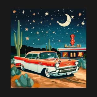 Retro Vintage Diner Route 66 Classic Car Roadside Attraction at Night Desert T-Shirt