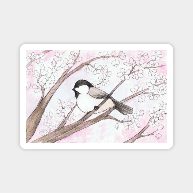 Chickadee in a Cherry Tree Watercolor Illustration Magnet by Danica Templeton Art