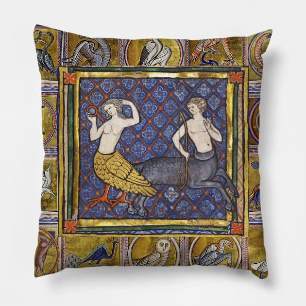 MEDIEVAL BESTIARY,HARPY AND CENTAUR, FANTASTIC ANIMALS IN GOLD RED BLUE COLORS Pillow by BulganLumini