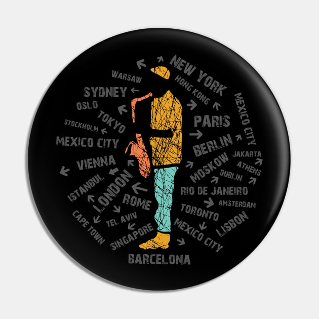 World Jazz Cities With Saxophone Musician Pin by jazzworldquest