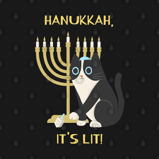 Hanukkah, It's Lit! Dreidel Chanukah Jewish Cat Menorah by LittleFlairTee