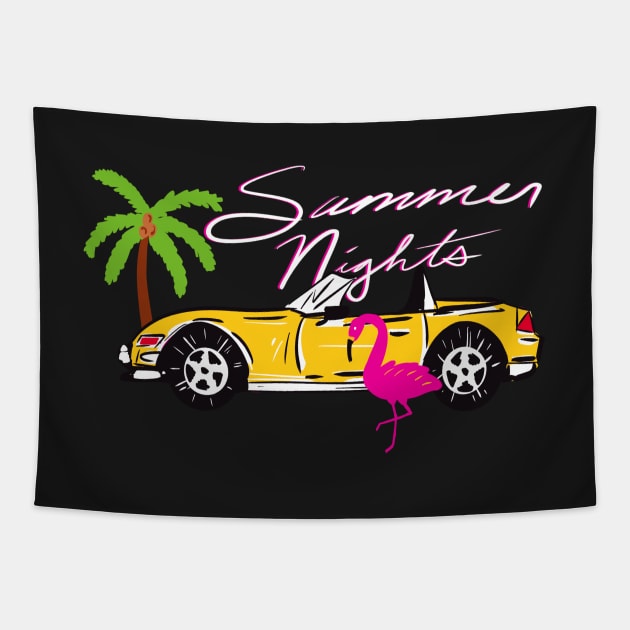 80s Miami Y2K Aesthetic Pink Flamingo Exotic Car Pattern On Dark Blue Background Tapestry by panco