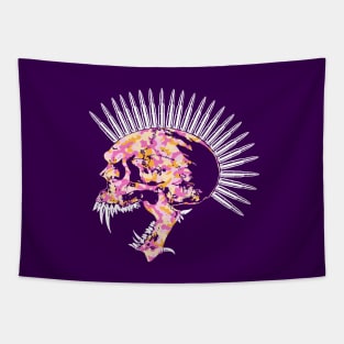 Fanged Skull with Bullet Mohawk, Spiked Jaw in Pink and Gold Camo Tapestry