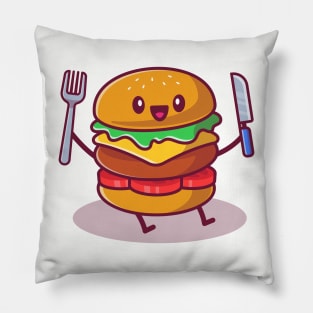 Cute Burger Holding Knife And Fork Pillow