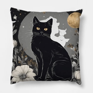 Mystical Black Cat and Moon Floral Pillow