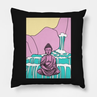 Blue and Pink Waterfall Buddha Graphic Pillow