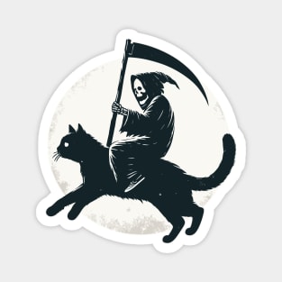 Grim Reaper Riding on Black Cat Magnet