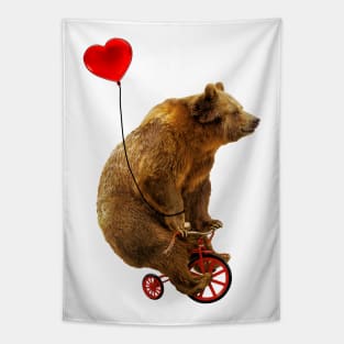 Grizzly Bear Riding a Red Tricycle with Heart Balloon Tapestry