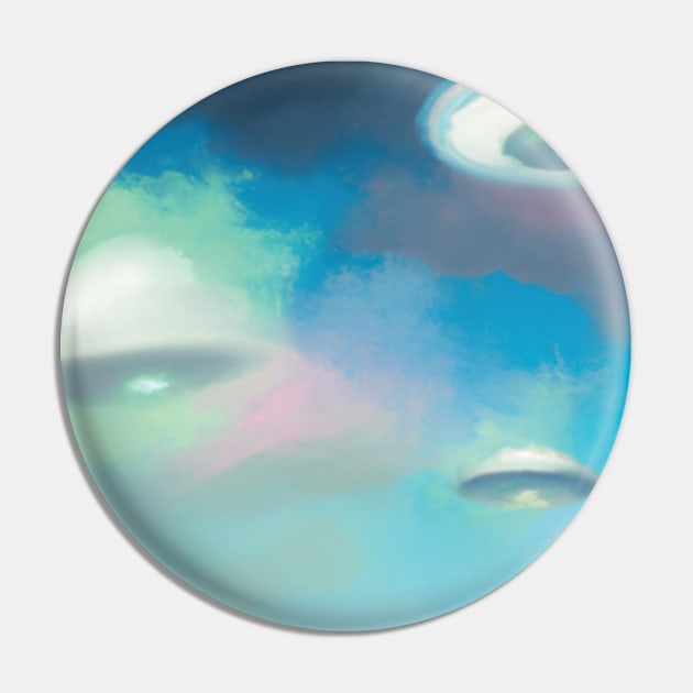 Dreamy UFOs in an Ethereal Blue Sky Pin by drumweaver