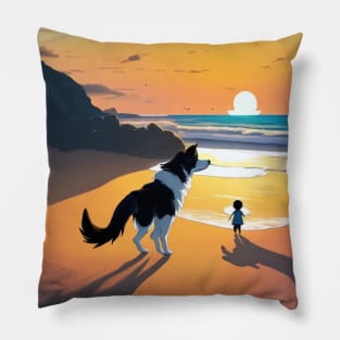 child playing with a dog on the beach. Pillow