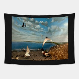 Natural environment diorama - birds flying on the shore of a pond Tapestry