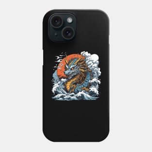 Dragon against the backdrop of a setting sun bathed in ocean waves Phone Case