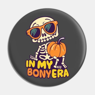 In My Bony Era Tee Halloween Skeleton with Glasses holding Pumpkin Pin