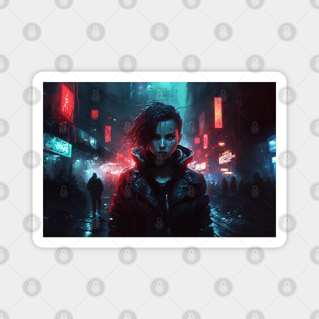 Girl In Rainy Dystopian Cyberpunk City By Night Magnet by Nightarcade