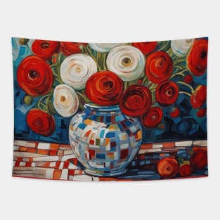 Red and White Ranunculus Flowers in a Geometrically Patterned Vase Modern Still Life Painting Tapestry