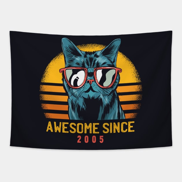 Retro Cool Cat Awesome Since 2005 // Awesome Cattitude Cat Lover Tapestry by Now Boarding