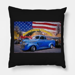 Classic Old American Truck in Blue with American Flag Pillow