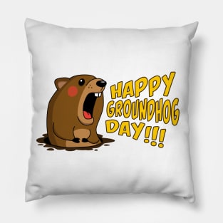 Cute Groundhog Screaming "Happy Groundhog Day!" Holiday Pillow