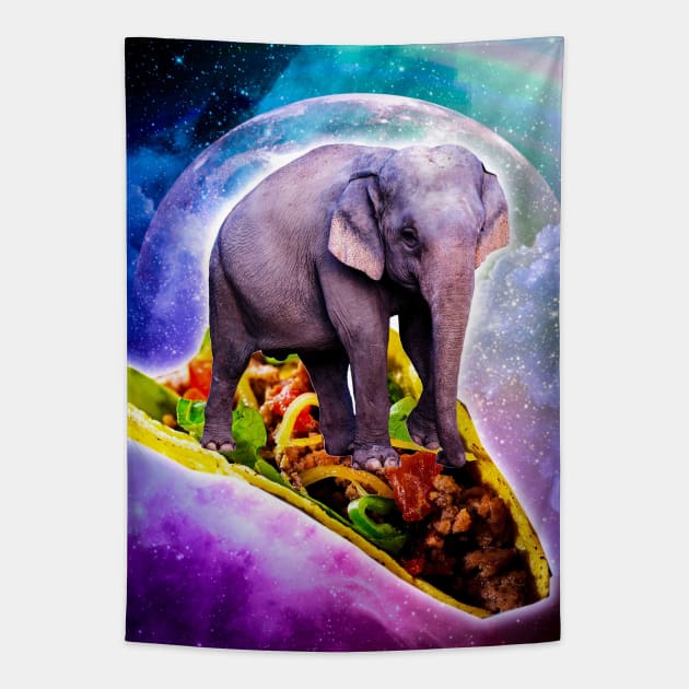 Elephant Riding Taco In Space With Rainbow Tapestry by Random Galaxy