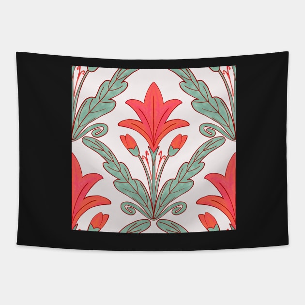 Regency style modern floral damask medallion pattern in deep melon red and sage green Tapestry by FrancesPoff