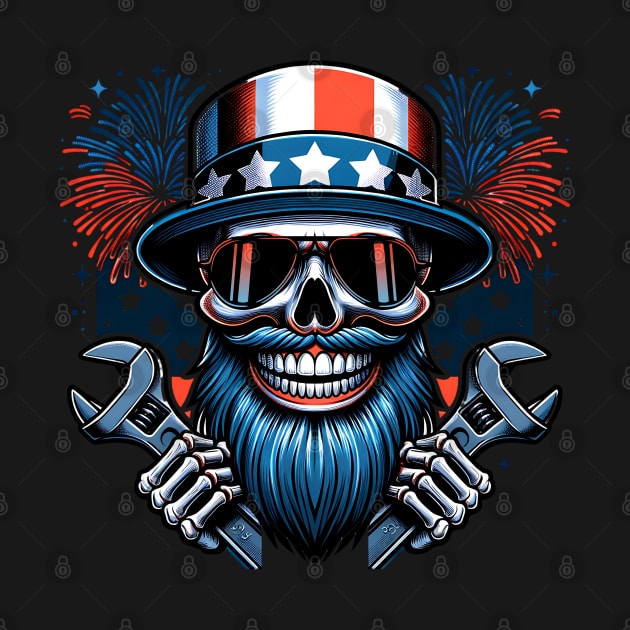 USA Patriotic Bearded Skull Mechanic American Flag 4th of July Independence Day Smiling Skull by Carantined Chao$