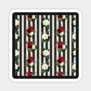 Red roses on Black and Grey Stripes Magnet