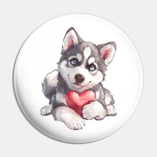 Valentine Siberian Husky Holding Heart Pin