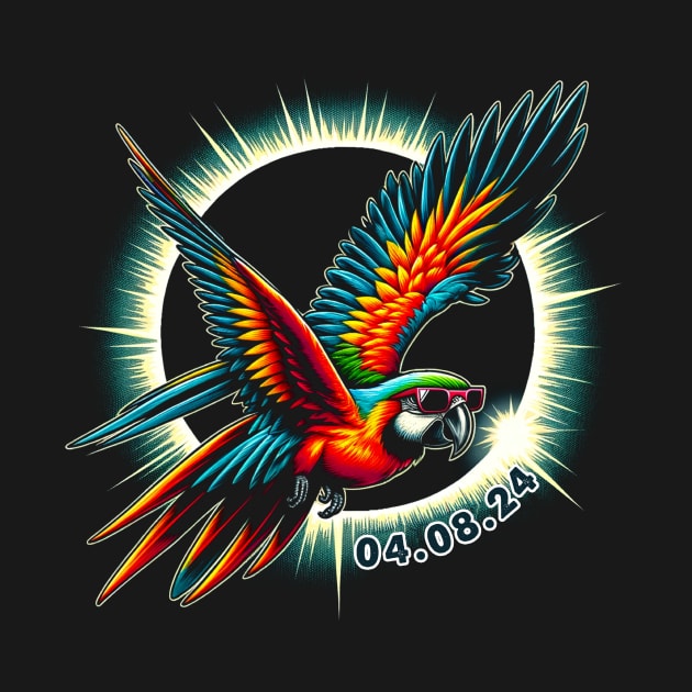 Solar Eclipse Parrot Adventure: Chic Tee with Vibrant Feathery Companions by GinkgoForestSpirit