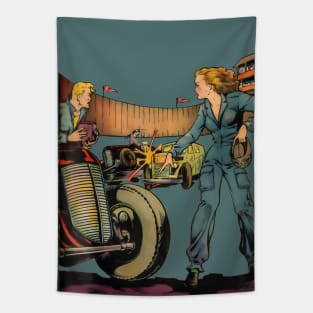 Beautiful Female Motorist Mechanic Vintage Wheels Blonde Girl Retro Comic Tapestry