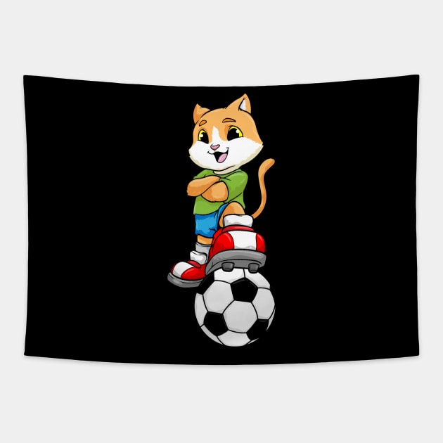 Cat as Soccer player with Soccer ball and Shoes Tapestry by Markus Schnabel