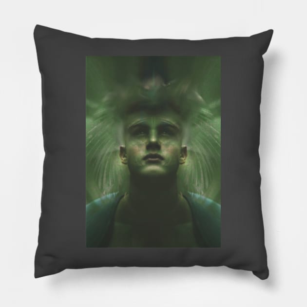 Portrait, digital collage, special processing. Dark, strong. Guy face looking up high. Fantasy. Green, energy flows. Pillow by 234TeeUser234