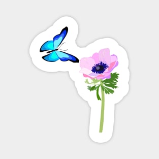 Blue butterfly and pink anemone flower Magnet
