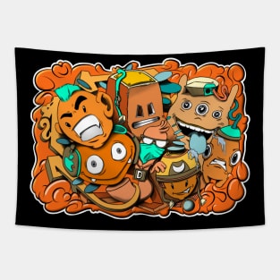 Orange and Blue graffiti cartoon characters Tapestry