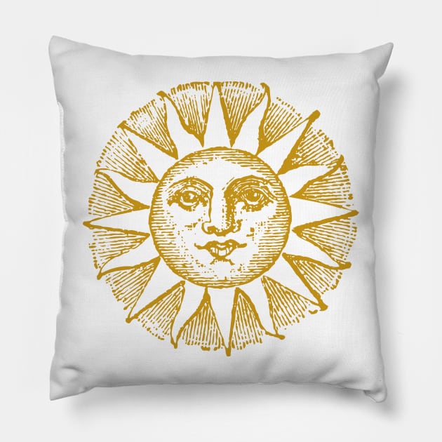 Sun Face | Sun with Face | Vintage Style Sun Illustration | Gold | Pillow by Eclectic At Heart