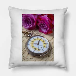 Old Pocket Watch And Red Purple Roses Pillow